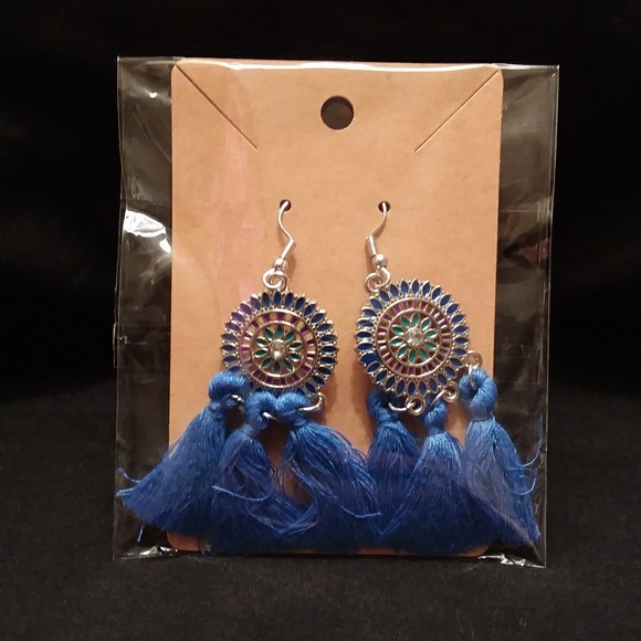 SOLD Blue Sunflower Fringe Drop Earrings - Picture 2 of 3